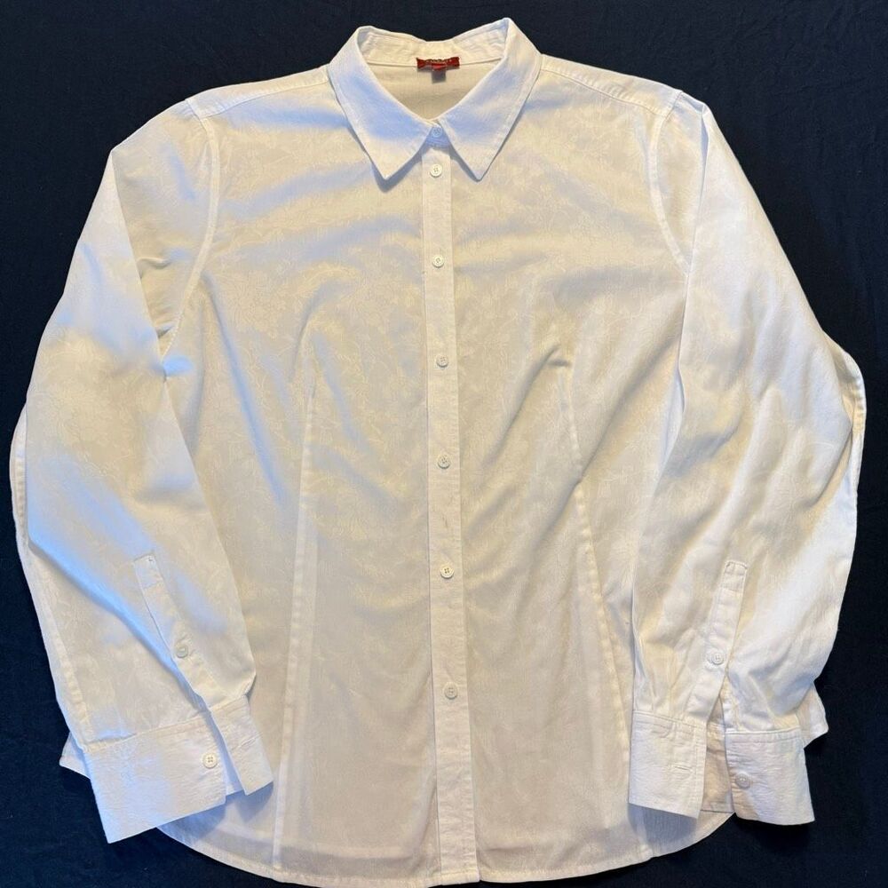 Talbots White Damask Button Front Blouse | Classic Cotton Shirt 14